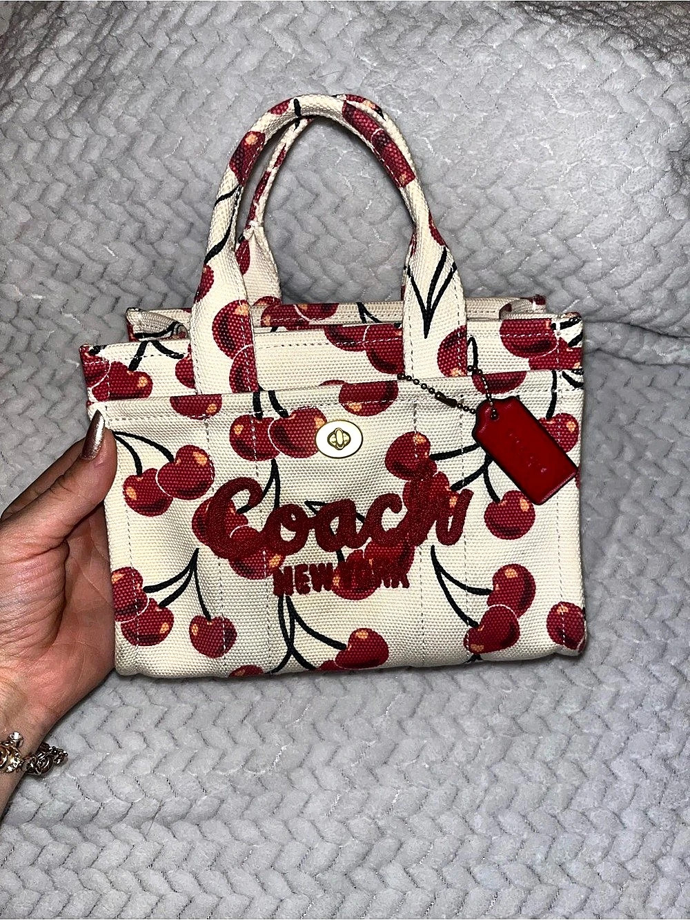 Coach Cherry Print Tote Shoulder Bag in Cream & Red
